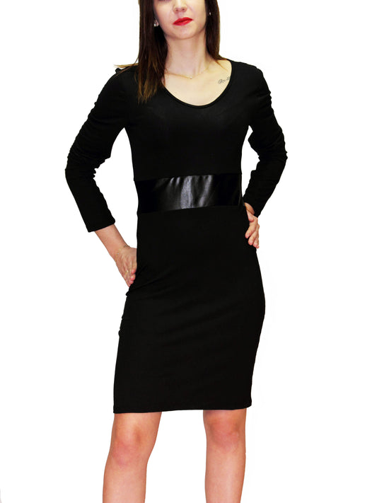 Black dress Cotton Lycra U-neck with vinyl belt in center, long sleeves