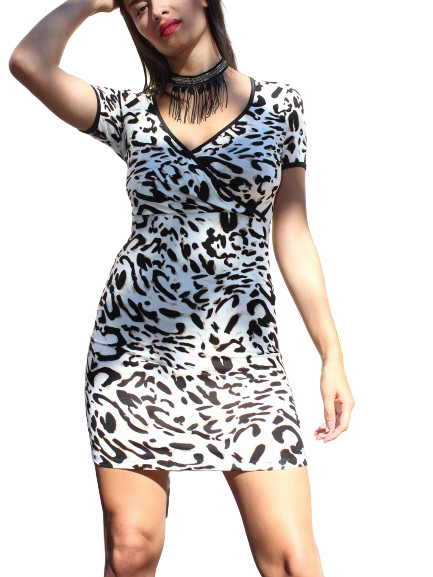 Zebra Bodycon Dress V-neck in lycra polyester with small sleeves.